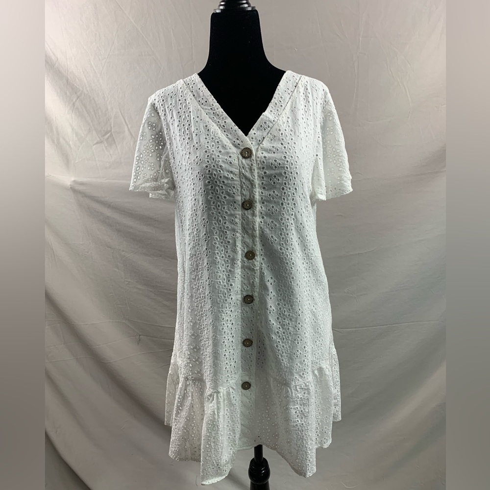 White Eyelet Embroidery Ruffle Hem Smock Dress - Picture 7 of 7